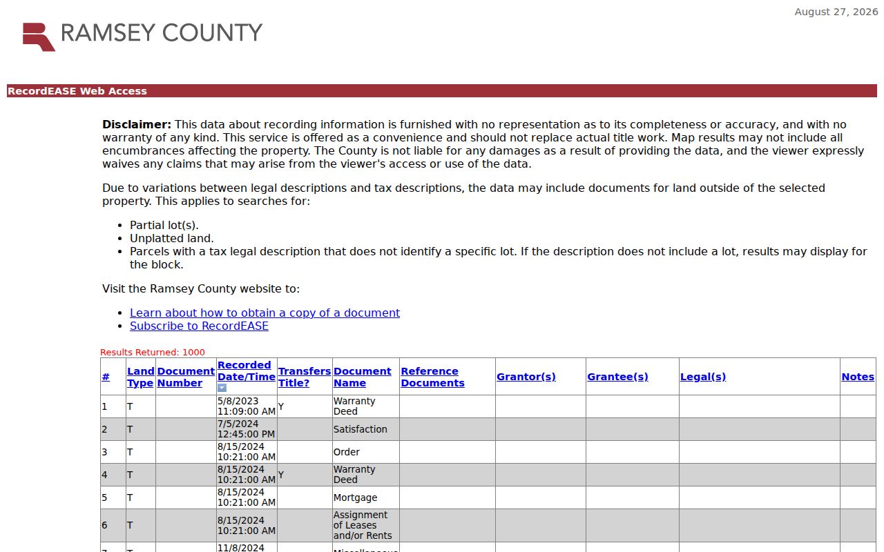 White Bear Lake street directory RecordEASE legal description deed result